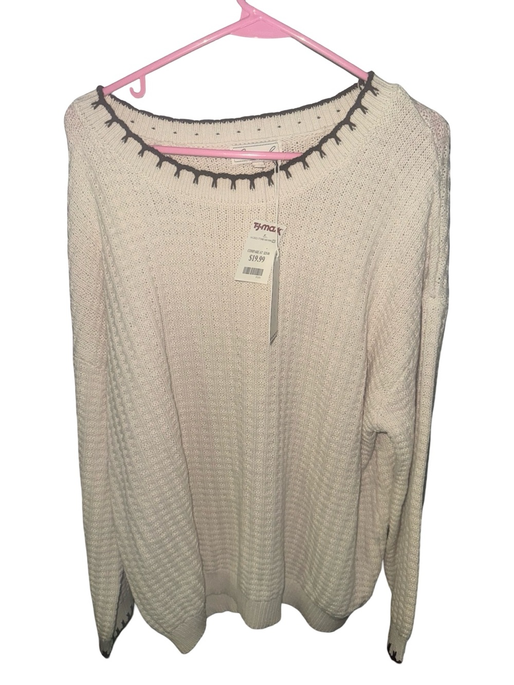 Cream Knit Crewneck Sweater with Black Contrast Trim -